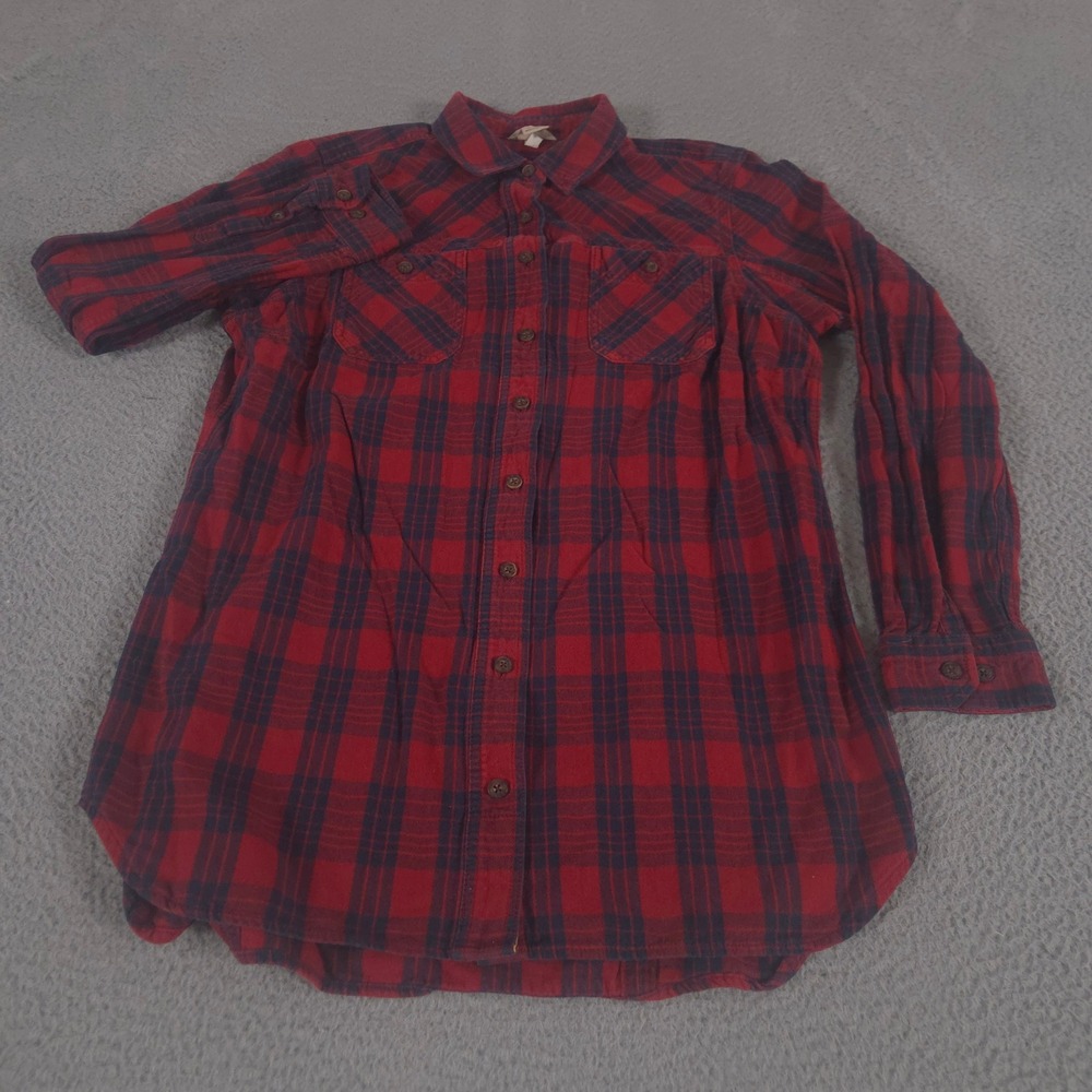 Duluth Trading Co Top Womens L Red Free Swingin' Flannel Plaid Roll Tab Tunic